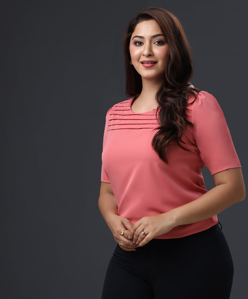 Pleated Half Sleeve Chiffon Pink Top